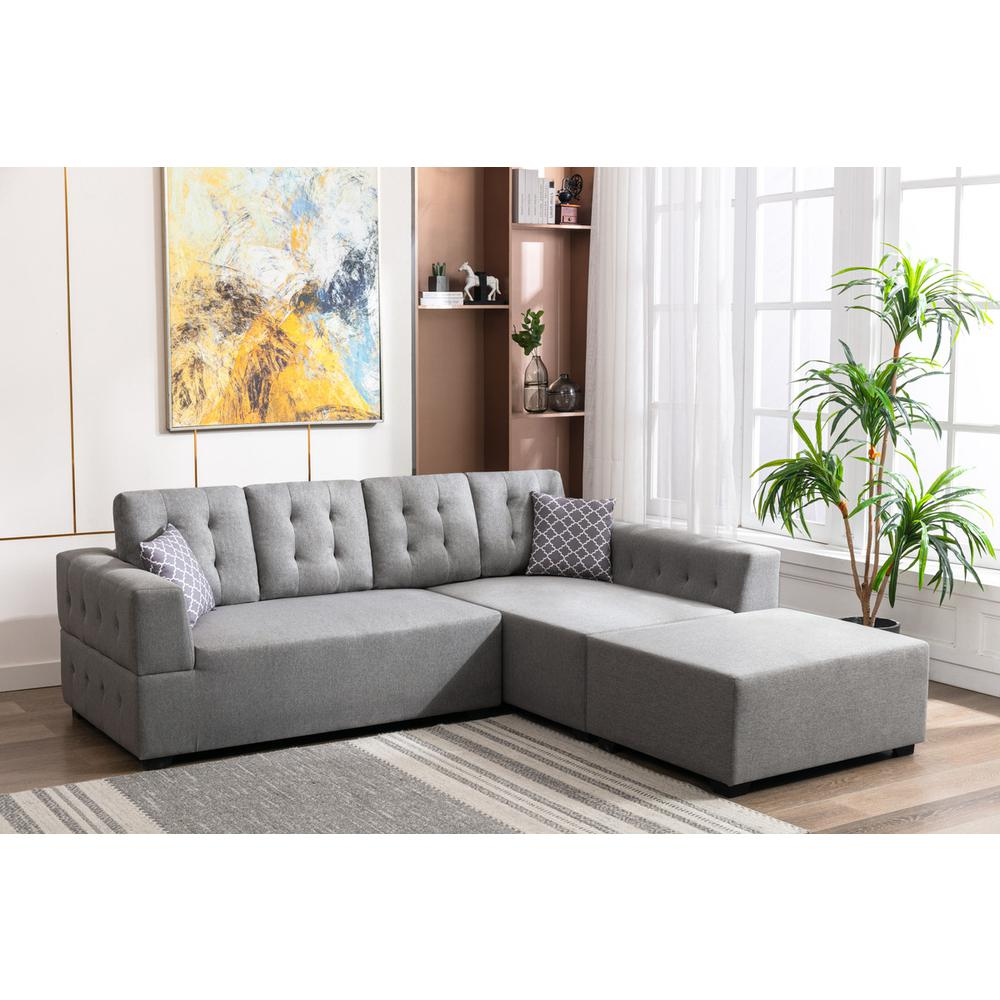 Ordell Light Gray Linen Fabric Sectional Sofa with Right Facing Chaise Ottoman and Pillows