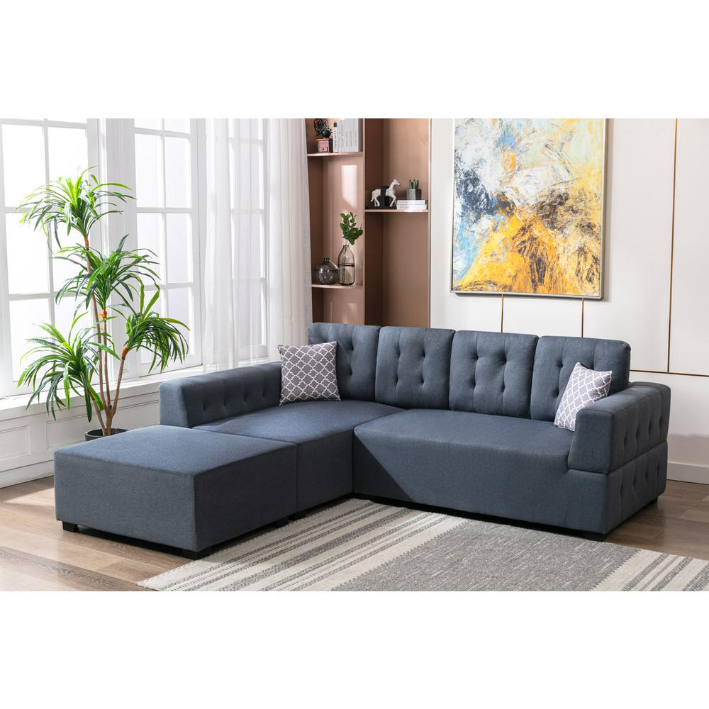 Ordell Dark Gray Linen Fabric Sectional Sofa with Left Facing Chaise Ottoman and Pillows