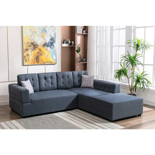 Ordell Dark Gray Linen Fabric Sectional Sofa with Right Facing Chaise Ottoman and Pillows