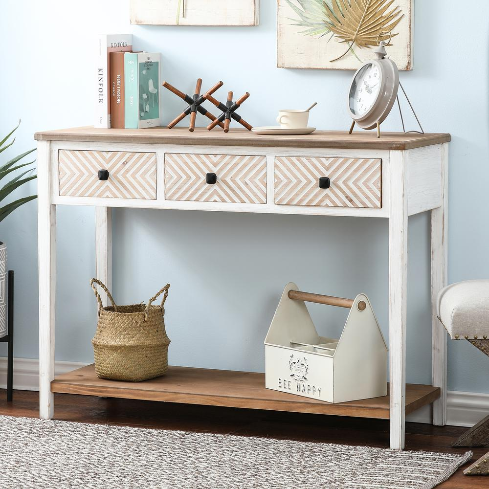 Rustic White and Natural Wood Storage Console Table