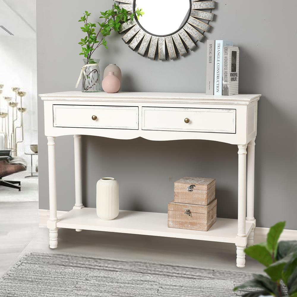 LuxenHome White Wood 2-Drawer Storage Console Table