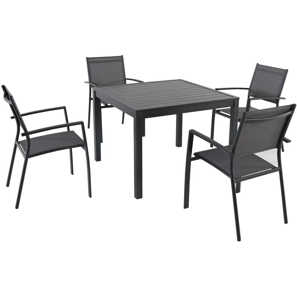 5pc Dining set: 4 alum sling dining chairs, sq slat top dining table