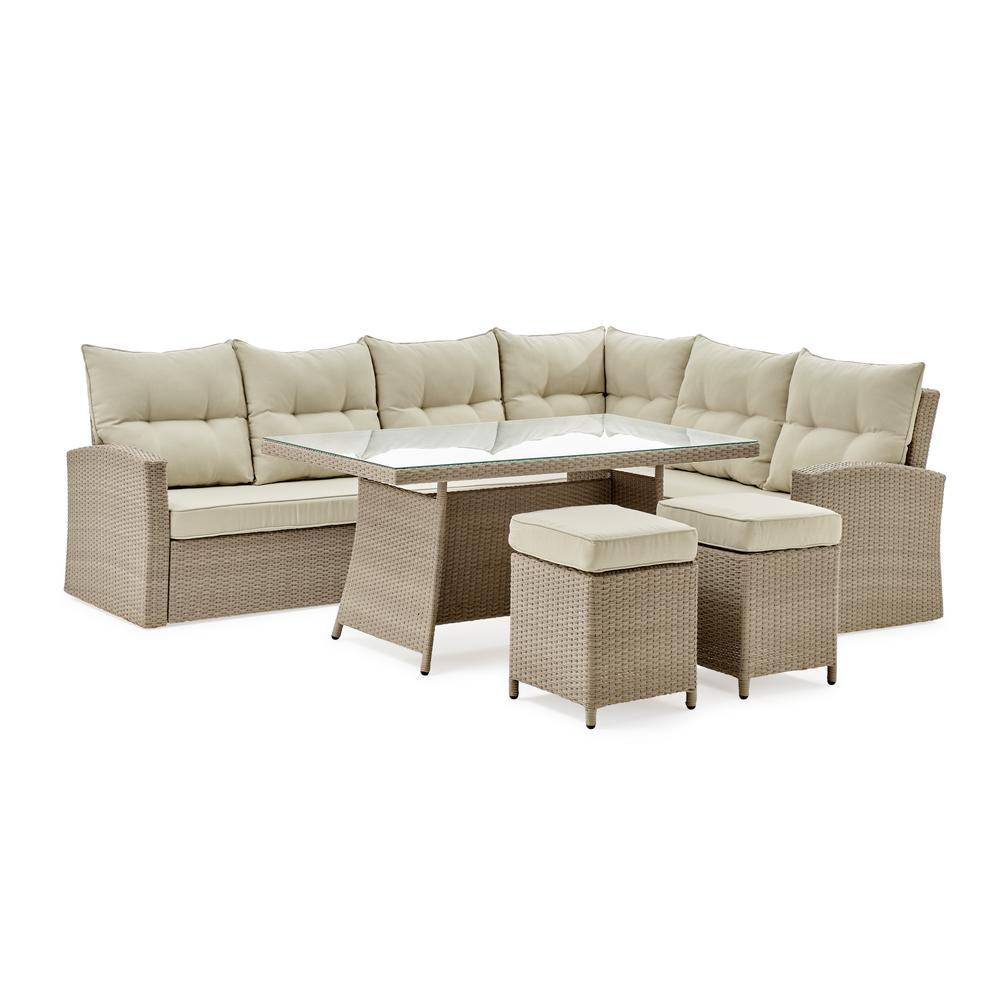 Canaan All-Weather Wicker Outdoor Deep-Seat Dining Sectional Set with Sofa, Loveseat, 26"H Cocktail Table and Two Stools