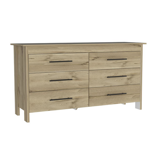 DEPOT E-SHOP Paris 6 Drawer Double Dresser -Six Drawers, Four Legs, Countertop-Light Oak/White. For Bedroom