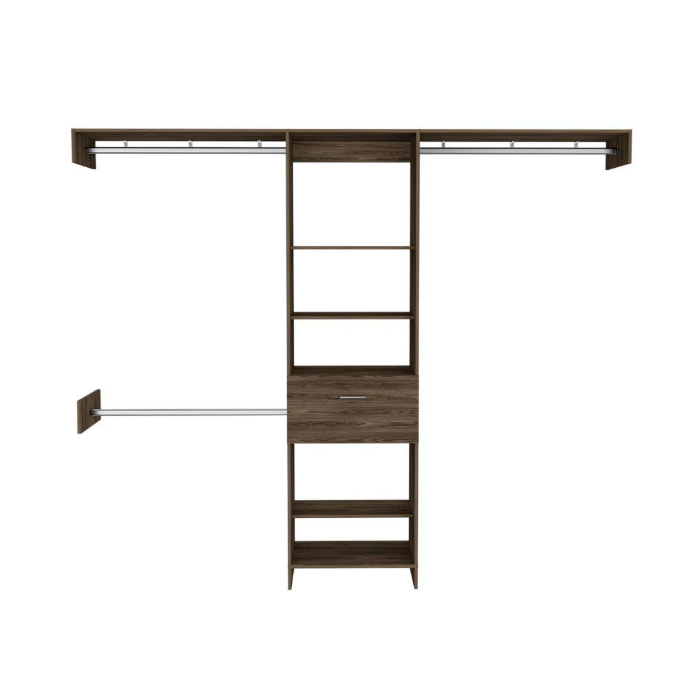 DEPOT E-SHOP Brisk Closet System, One Drawer, Three Metal Rods, Five Open Shelves-Dark Walnut, For Bedroom