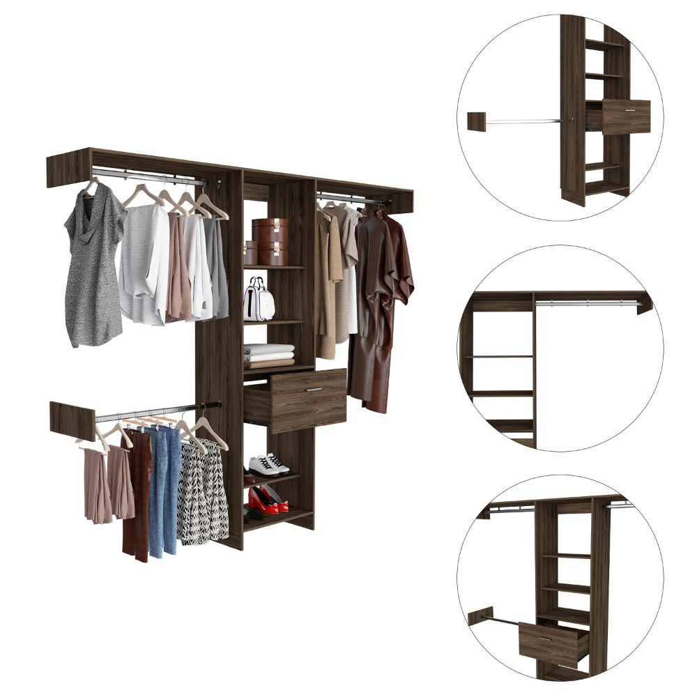 DEPOT E-SHOP Brisk Closet System, One Drawer, Three Metal Rods, Five Open Shelves-Dark Walnut, For Bedroom