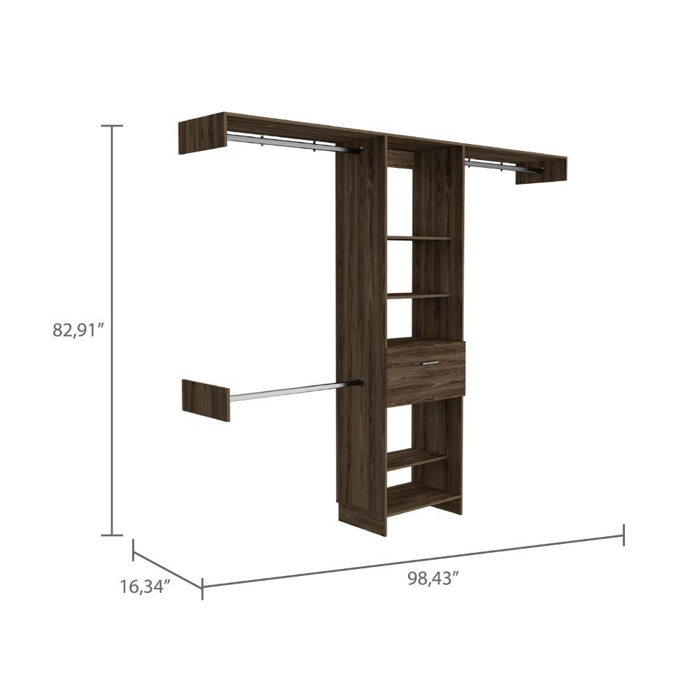 DEPOT E-SHOP Brisk Closet System, One Drawer, Three Metal Rods, Five Open Shelves-Dark Walnut, For Bedroom