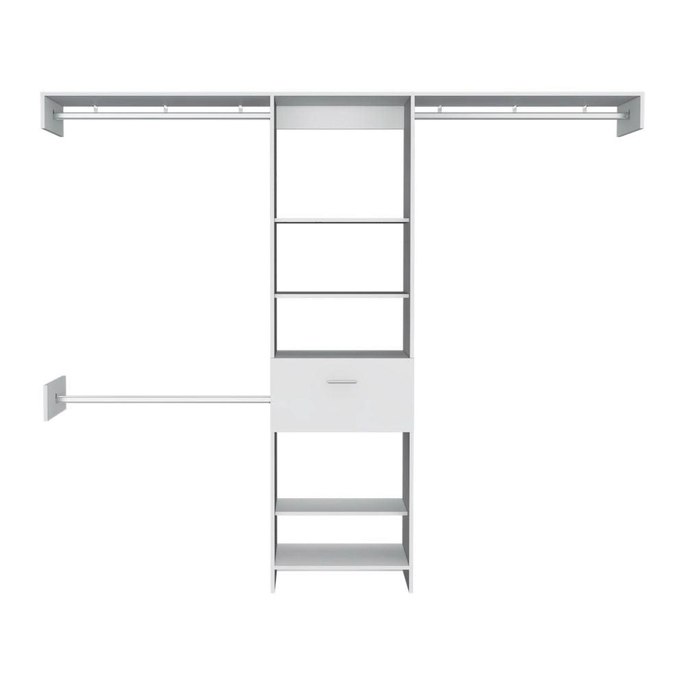 DEPOT E-SHOP Brisk Closet System, One Drawer, Three Metal Rods, Five Open Shelves-White, For Bedroom