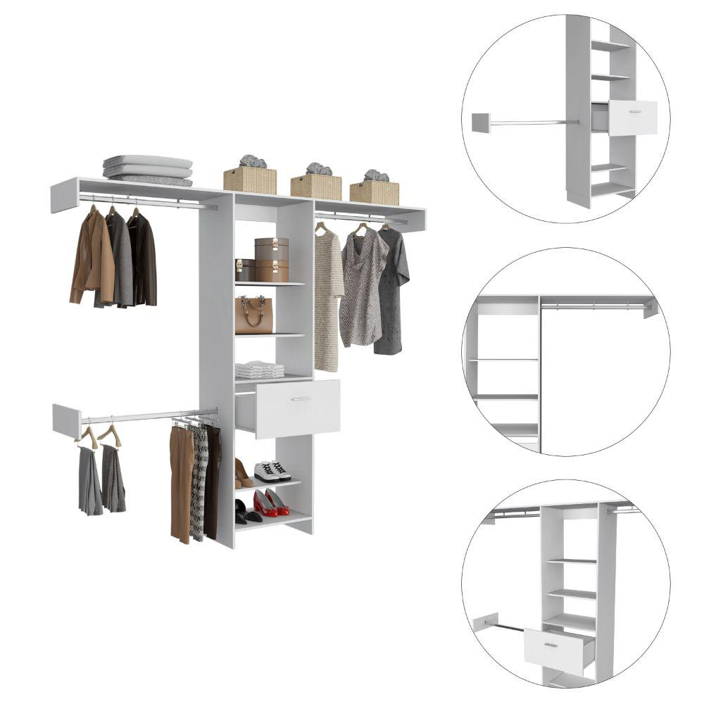 DEPOT E-SHOP Brisk Closet System, One Drawer, Three Metal Rods, Five Open Shelves-White, For Bedroom