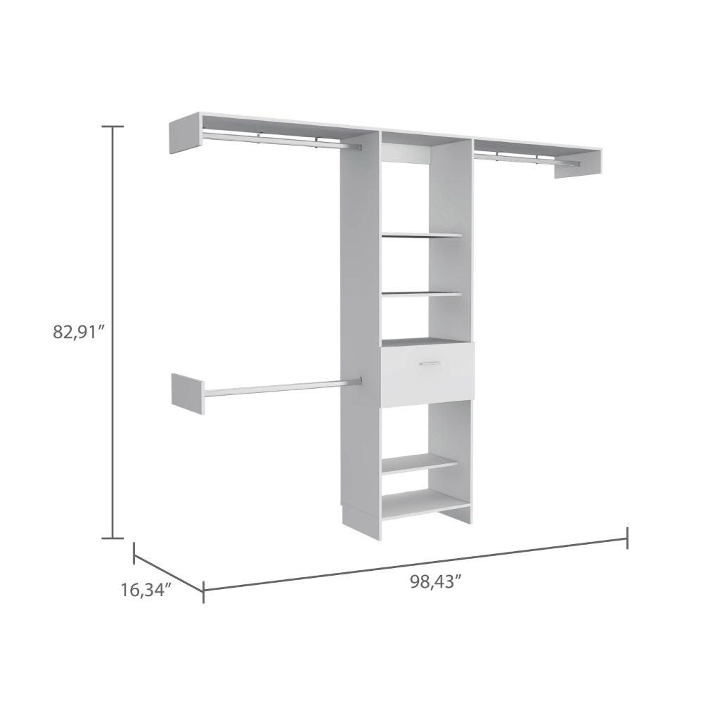 DEPOT E-SHOP Brisk Closet System, One Drawer, Three Metal Rods, Five Open Shelves-White, For Bedroom