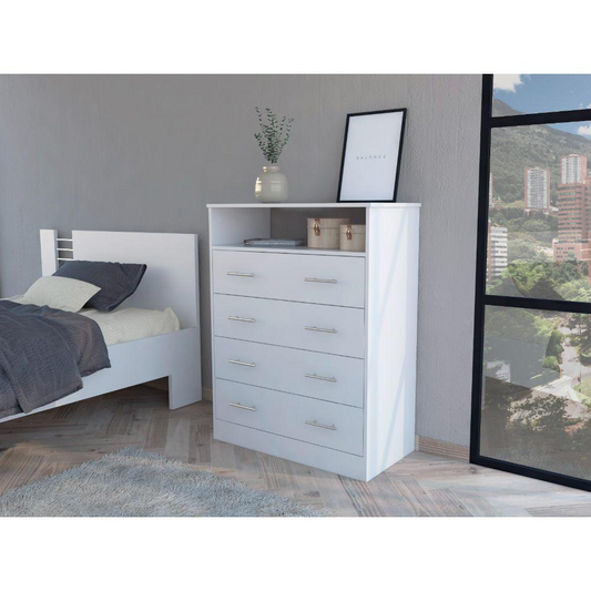 DEPOT E-SHOP Serbian Four Drawer Dresser, Countertop, One Open Shelf, Four Drawers-White, For Bedroom