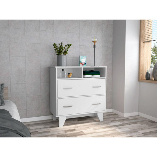 DEPOT E-SHOP Stamford Two Drawer Dresser, Four Legs, Two Open Shelves, Countertop-White, For Living Room