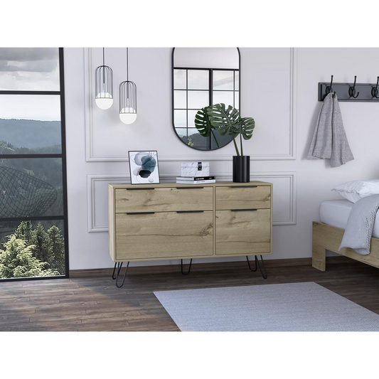 DEPOT E-SHOP Aster Double Dresser-Four Drawers,Countertop, Four Steel Legs-Light Oak, For Bathroom