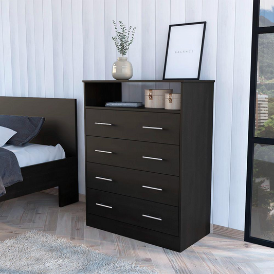 DEPOT E-SHOP Serbian Four Drawer Dresser, Countertop, One Open Shelf, Four Drawers-Black, For Bedroom