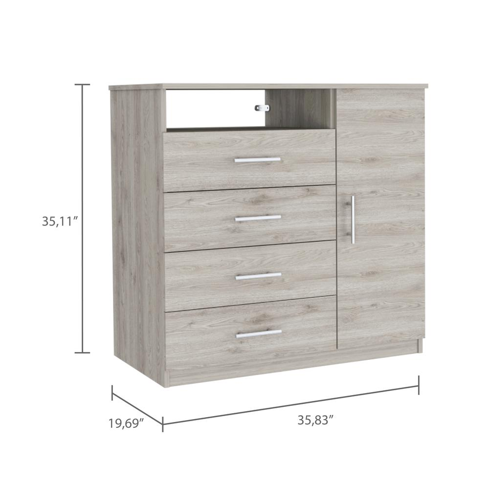 DEPOT E-SHOP Rioja 4 Drawer Dresser,Four Drawers, One Open Shelf, Countertop, One-Door Cabinet, Light Grey, For Bedropom