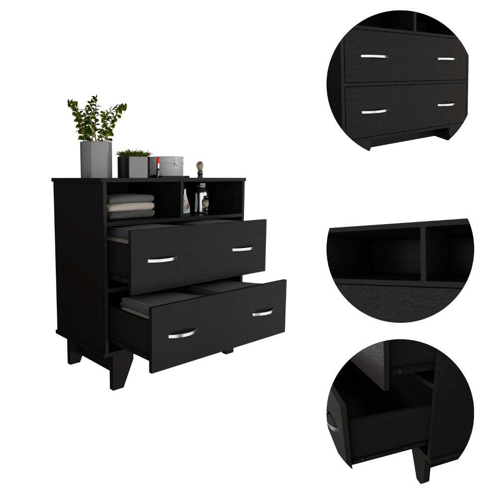 DEPOT E-SHOP Stamford Two Drawer Dresser, Four Legs, Two Open Shelves, Countertop-Black, For Living Room