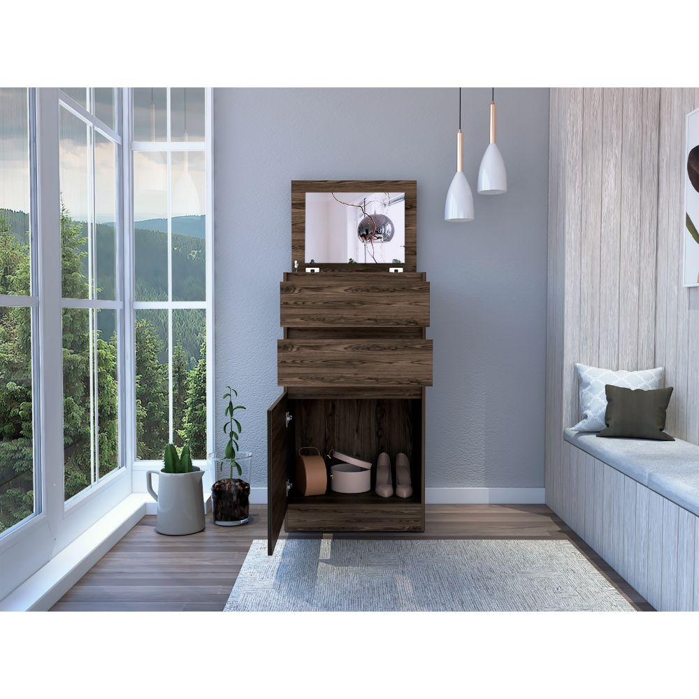 DEPOT E-SHOP Diamond Dresser, Jewelry Box, Mirror, One-Door Cabinet, Two Drawers-Dark Walnut, For Bedroom