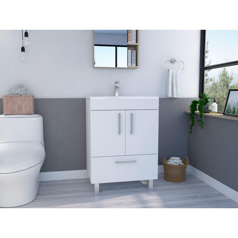 DEPOT E-SHOP Essential Single Bathroom Vanity, One Draw, Two-Door Cabinet, Four Legs-White, For Bathroom