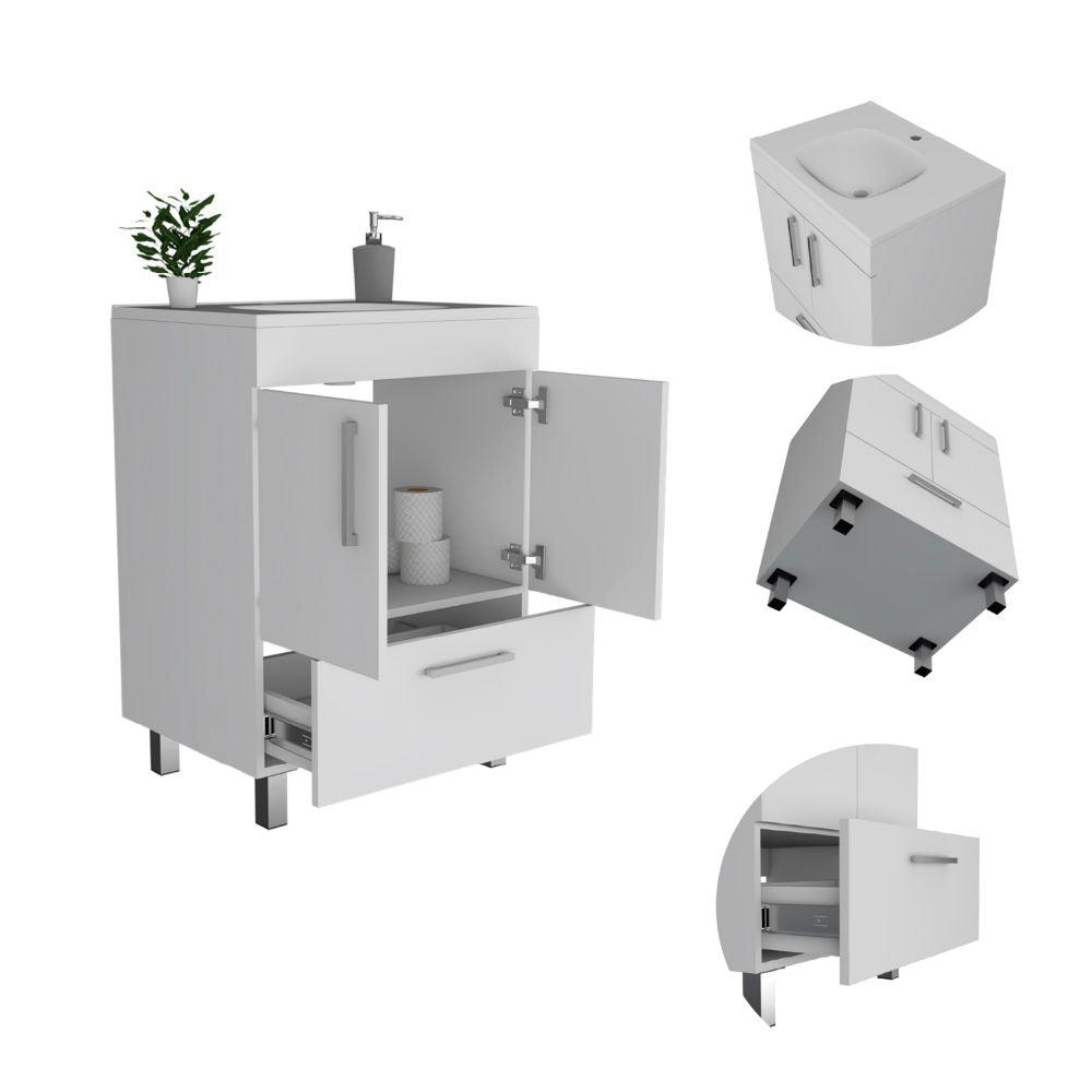 DEPOT E-SHOP Essential Single Bathroom Vanity, One Draw, Two-Door Cabinet, Four Legs-White, For Bathroom