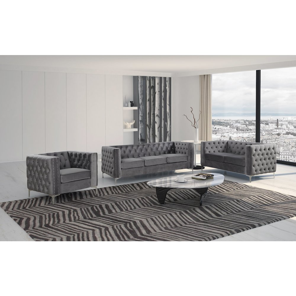 Aineias Tufted Velvet 3-piece Sofa, Loveseat and Chair Set,Grey