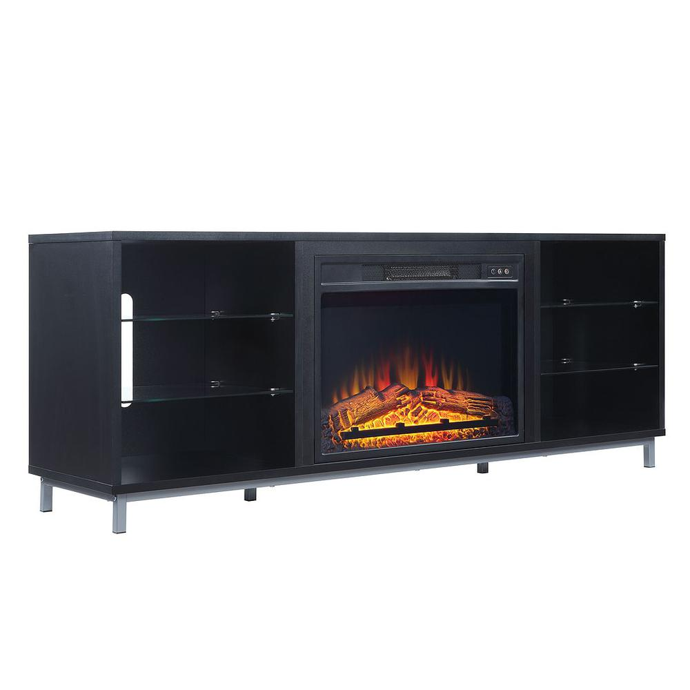 Brighton 60" Fireplace with Glass Shelves and Media Wire Management in Onyx