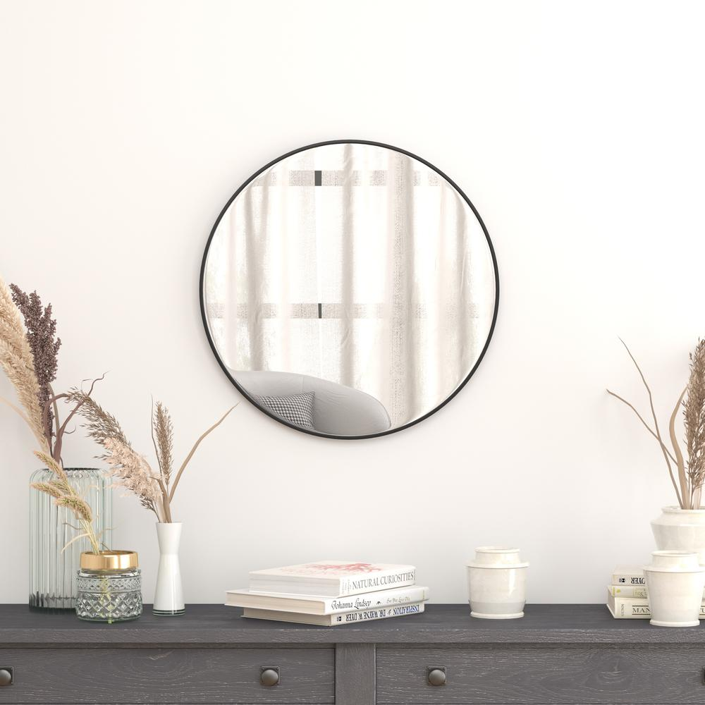 24" Round Black Metal Framed Wall Mirror - Large Accent Mirror for Bathroom, Vanity, Entryway, Dining Room, & Living Room