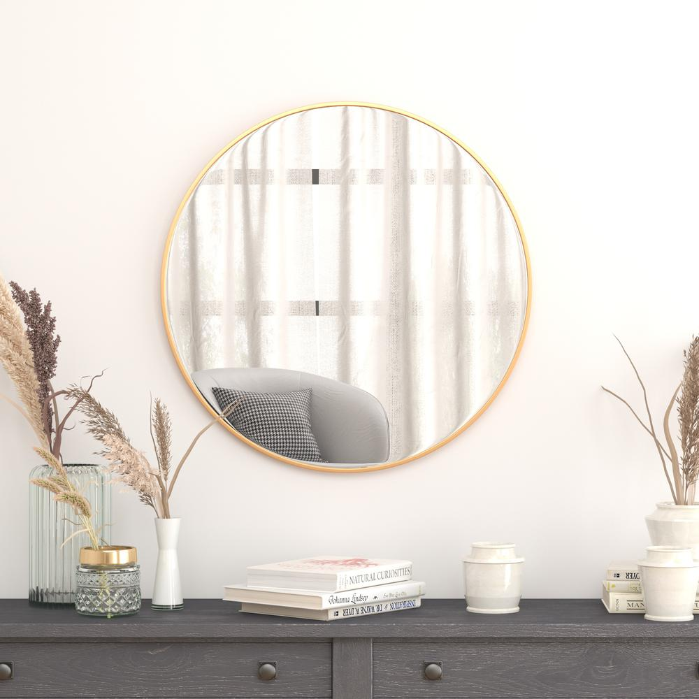 30" Round Gold Metal Framed Wall Mirror - Large Accent Mirror for Bathroom, Vanity, Entryway, Dining Room, & Living Room