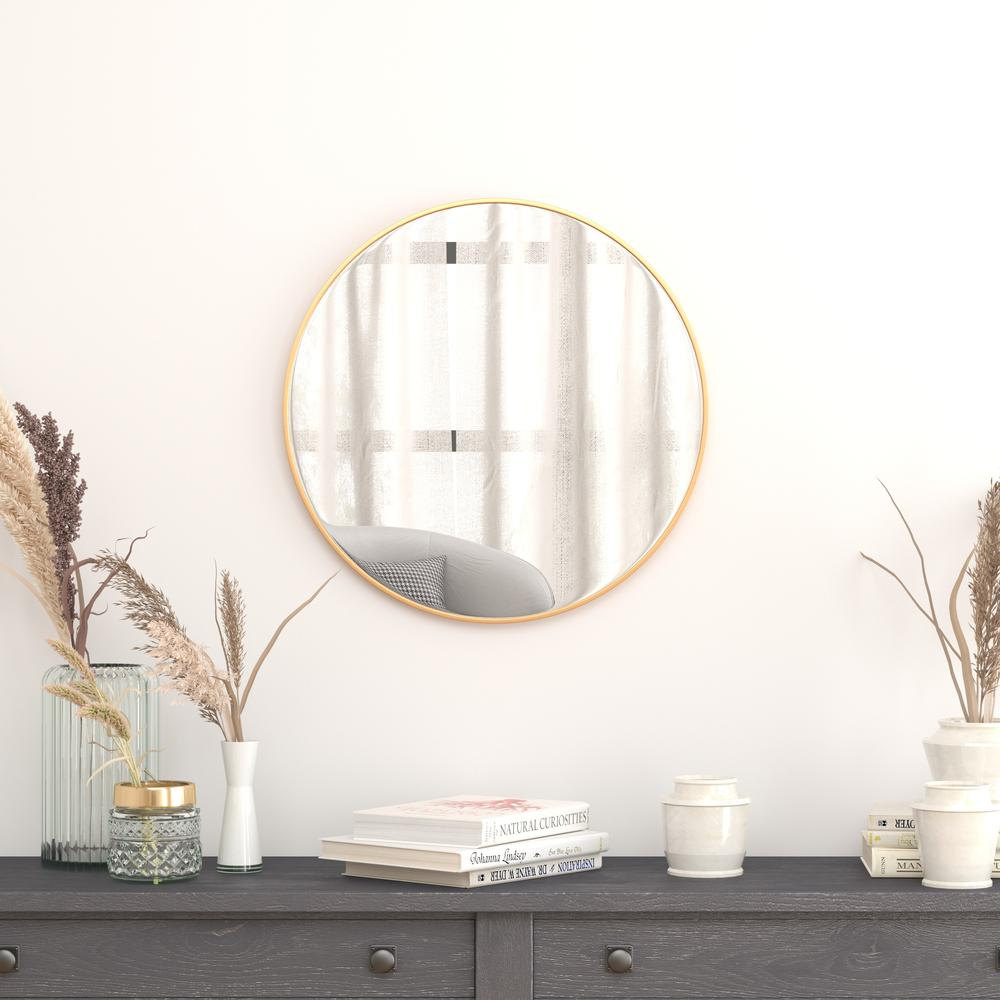 24" Round Gold Metal Framed Wall Mirror - Large Accent Mirror for Bathroom, Vanity, Entryway, Dining Room, & Living Room