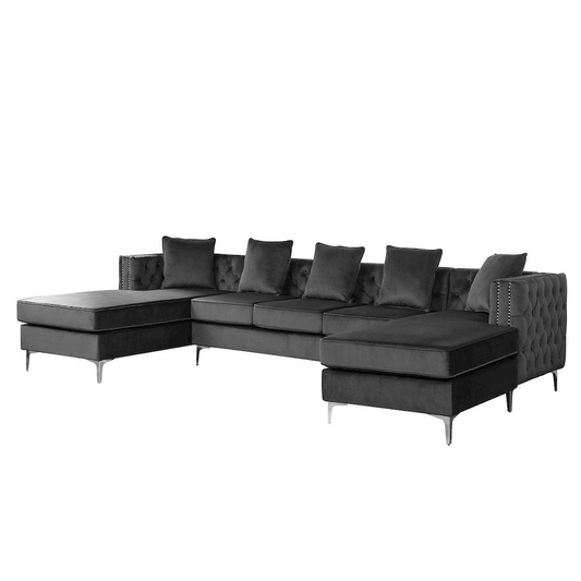 Ryan Dark Gray Velvet Double Chaise Sectional Sofa with Nail-Head Trim