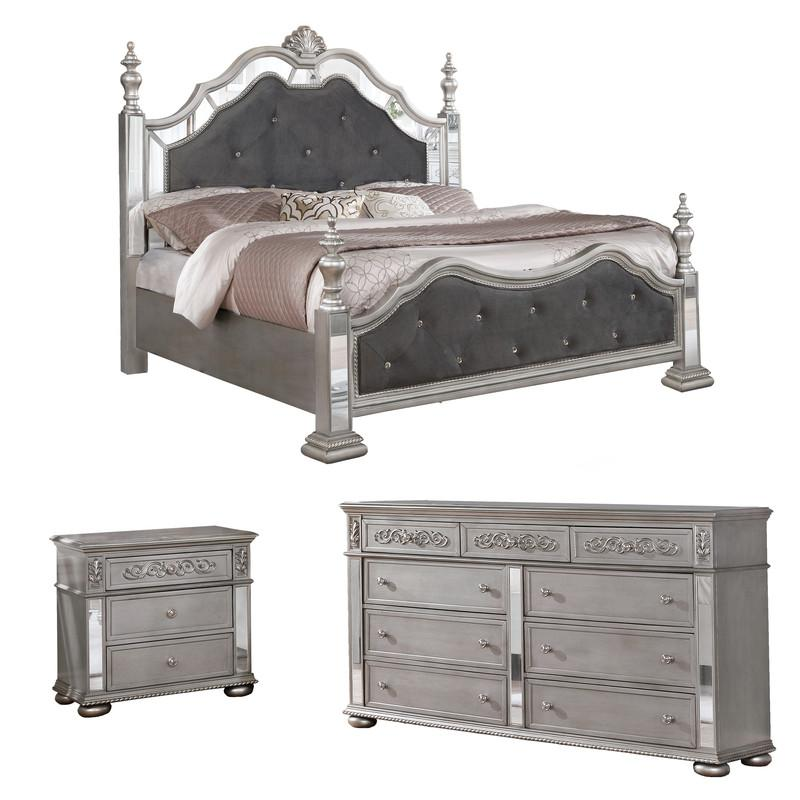 Gray Velvet 3 Piece Bedroom Set with Bed Posts & Reflective Panels - Queen