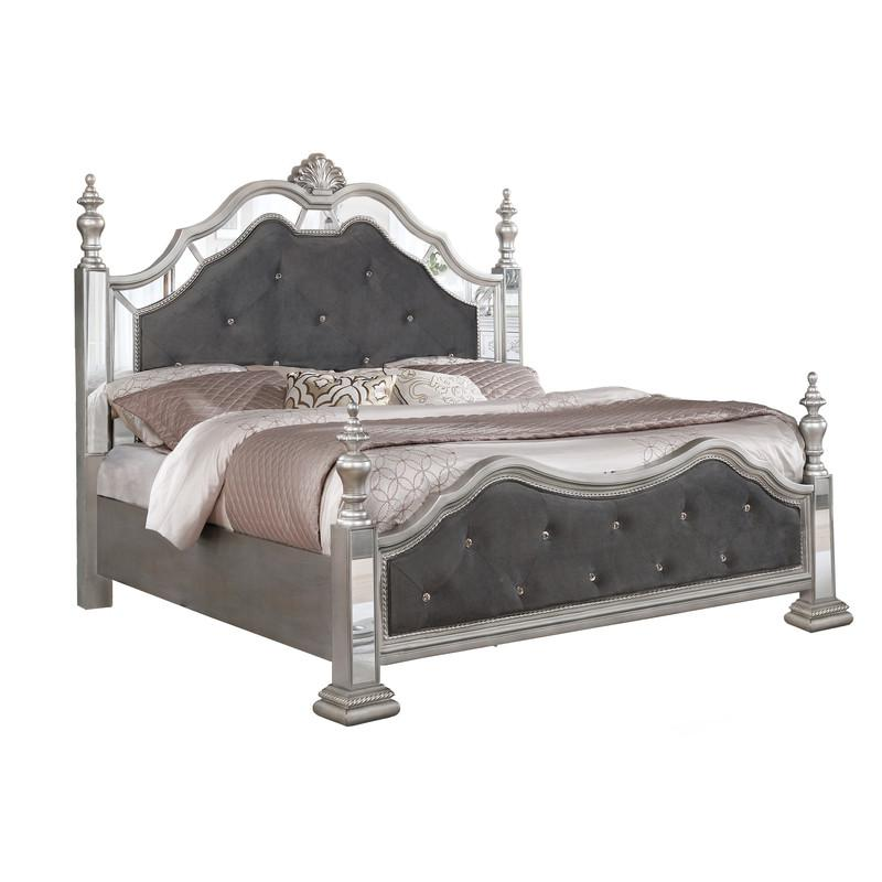 Gray Velvet 5 Piece Bedroom Set with Chest, Bed Posts & Reflective Panels - California King