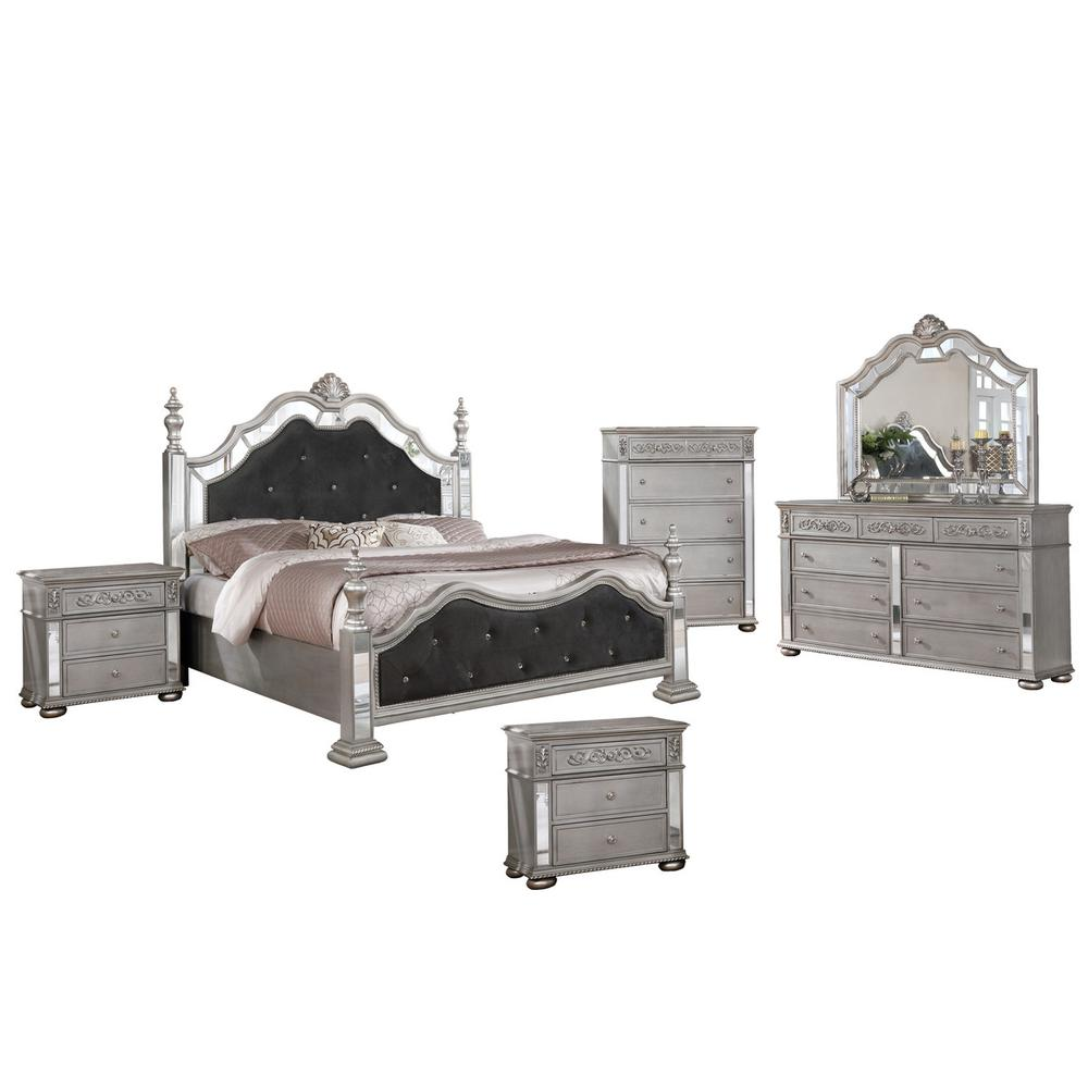 Gray Velvet 6 Piece Bedroom Set with Bed Posts & Reflective Panels - California King