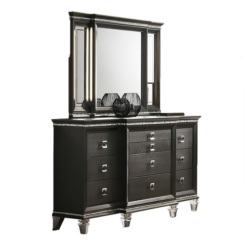 4PC Eastern King Bedroom Set: 1 Panel Bed, 1 Night Stand, 1 Dresser with 8 Drawers and Two Jewelry Drawers, and 1 Mirror