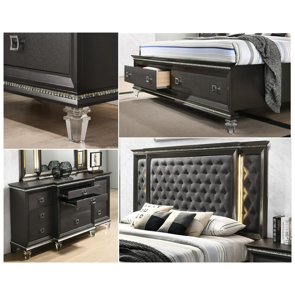 5PC Eastern King Bedroom Set: 1 Panel Bed, 1 Night Stand, 1 Chest with 5 Drawers, 1 Dresser with 8 Drawers and Two Jewelry Drawers, and 1 Mirror