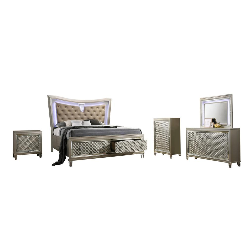 5PC Bedroom Set: 1 Platform Panel Bed with LED Lit Headboard, 1 Night Stand, 1 Chest,1  Dresser, and 1 Mirror