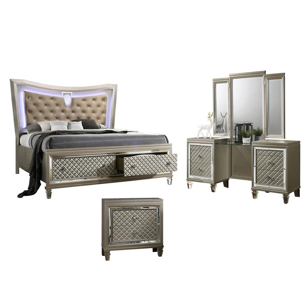 4 PC Set: 1 Bed, 1 Vanity Set, and 2 Nightstands