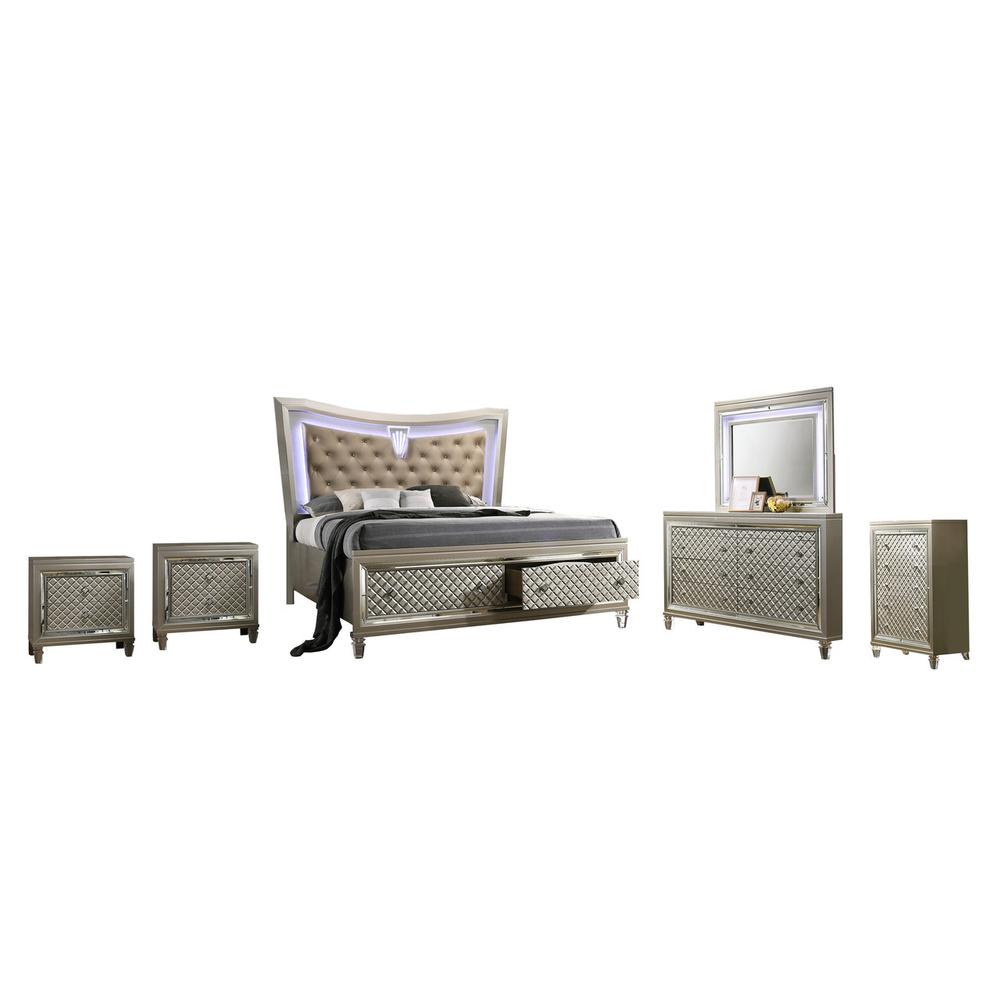 6PC Bedroom Set: 1 Platform Panel Bed with LED Lit Headboard, 2 Night Stands, 1 Chest, 1 Dresser with 6 Drawers and 2 Jewelry Drawers, and 1 Mirror