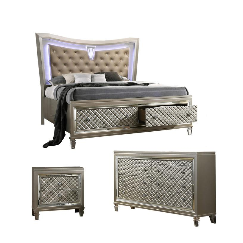 3PC Bedroom Set: 1 Platform Panel Bed with LED Lit Headboard, 1 Night Stands, and 1 Dresser with 6 Drawers and 2 Jewelry Drawers