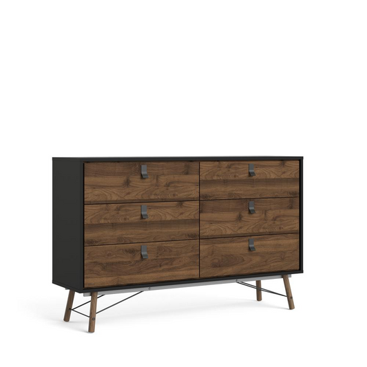 Ry 6 Drawer Double Dresser, Black Matte/Walnut