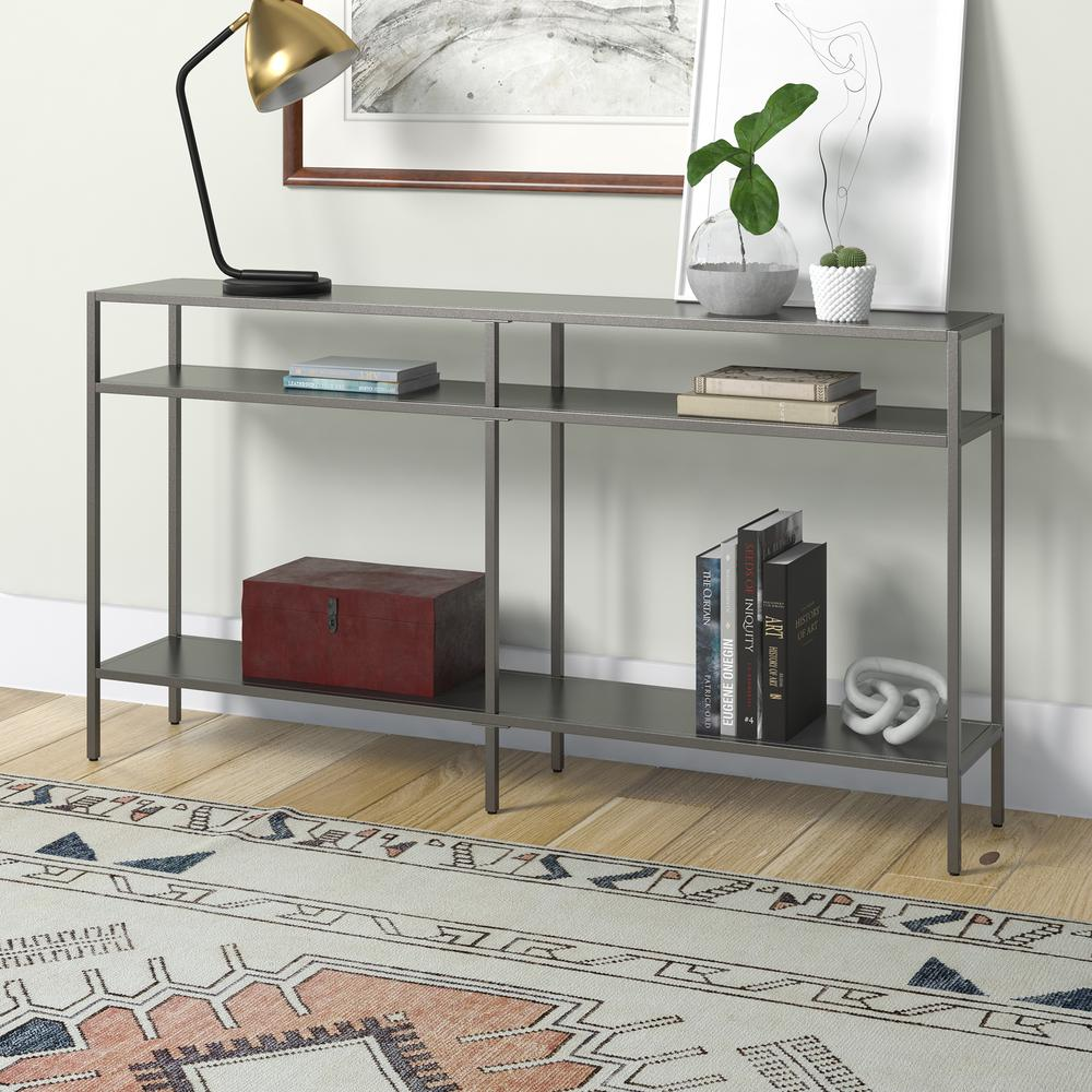 Sivil 55'' Wide Rectangular Console Table with Metal Shelves in Gunmetal Gray