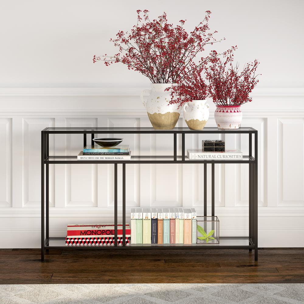 Cortland 48'' Wide Rectangular Console Table with Glass Shelves in Blackened Bronze