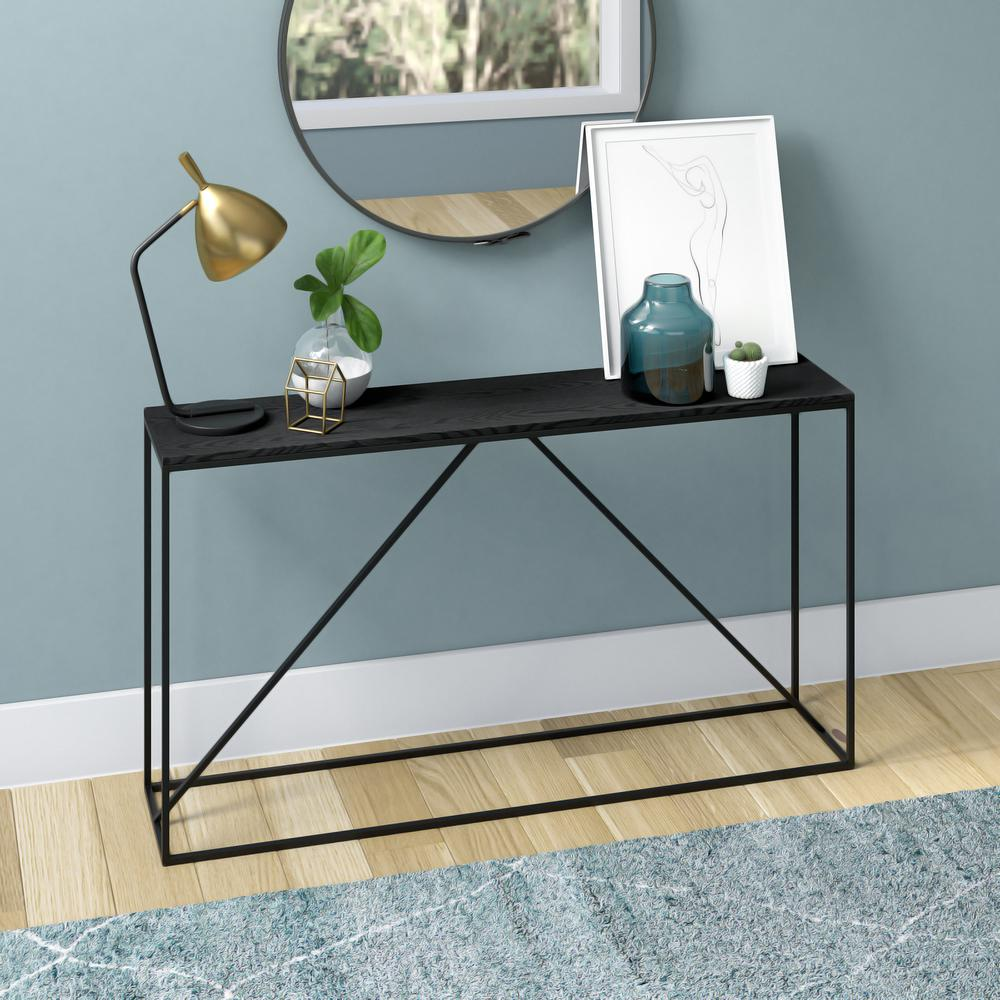 Nia 55" Wide Rectangular Console Table in Blackened Bronze/Black Grain