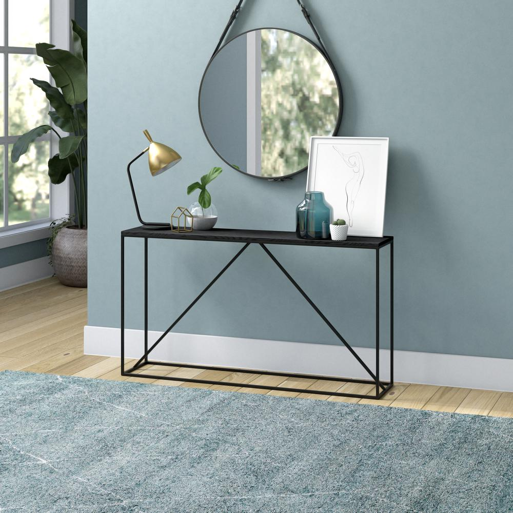 Nia 55" Wide Rectangular Console Table in Blackened Bronze/Black Grain