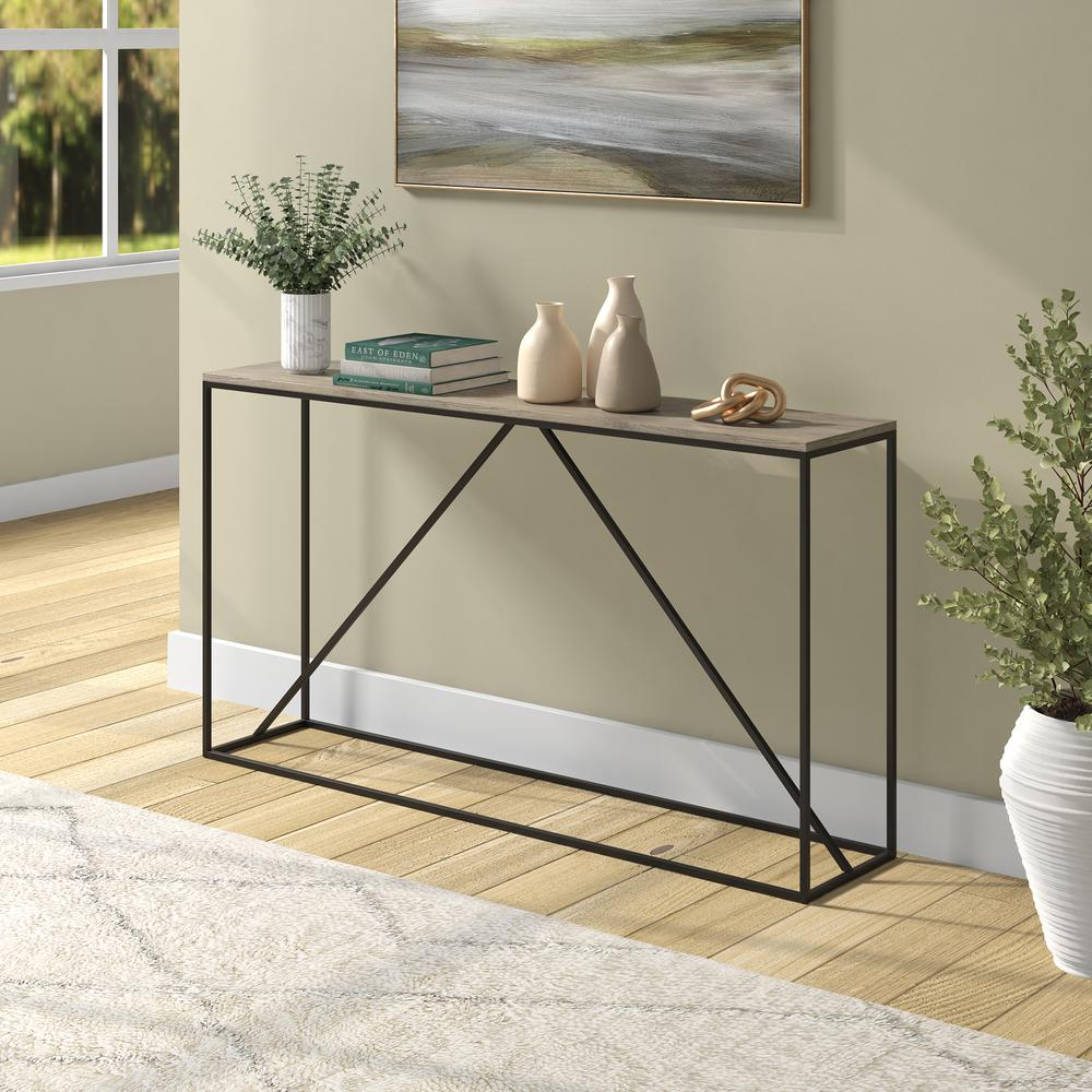 Nia 55" Wide Rectangular Console Table in Blackened Bronze/Antiqued Gray Oak