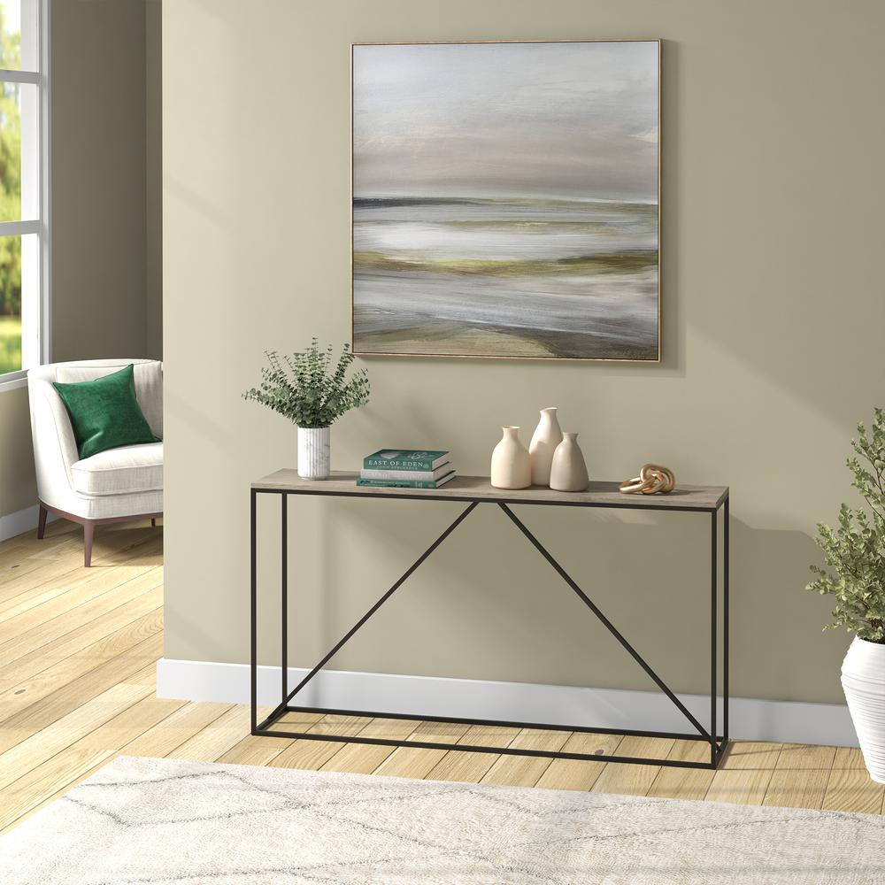 Nia 55" Wide Rectangular Console Table in Blackened Bronze/Antiqued Gray Oak