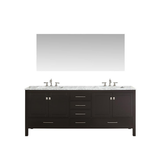 Aberdeen 78" Espresso Transitional Double Sink Bathroom Vanity w/ White Carrara Top