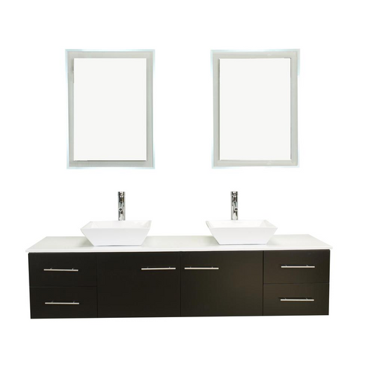 Wave 72" Espresso Modern Double Sink Bathroom Vanity w/ Super White Man-Made Stone Top & Sinks