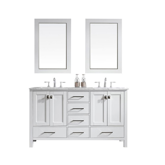 Aberdeen 60" White Transitional Double Sink Bathroom Vanity w/ White Carrara Top