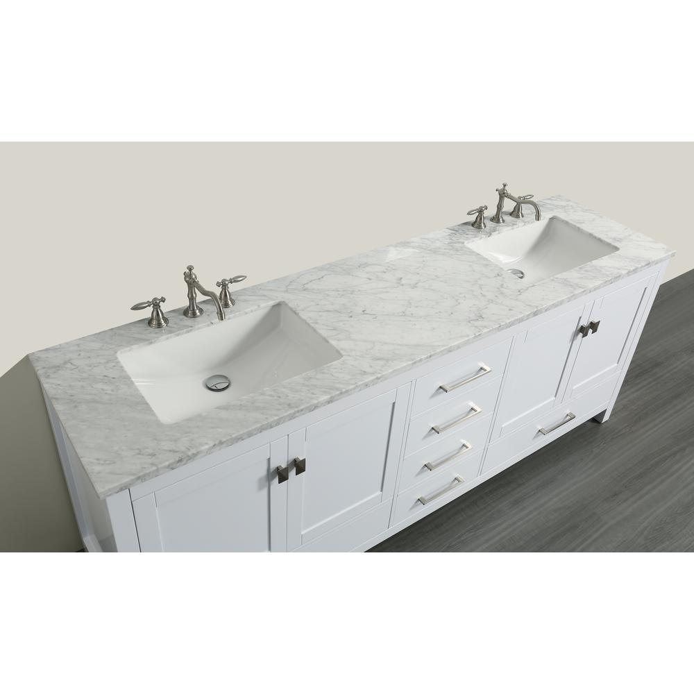 Aberdeen 84" White Transitional Double Sink Bathroom Vanity w/ White Carrara Top