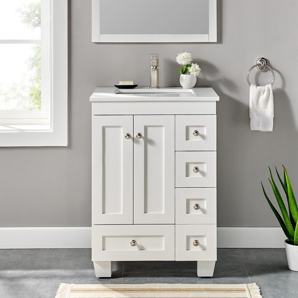 Acclaim 24" White Transitional Bathroom Vanity w/ White Quartz Top